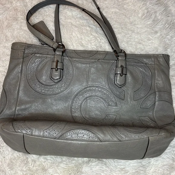 Coach Gray Leather Perforated C Tote